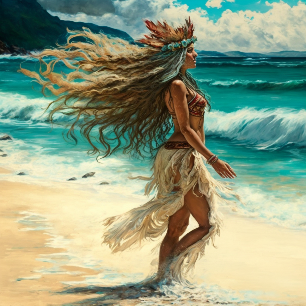 Sea Goddess walking on the beach of Hawaii